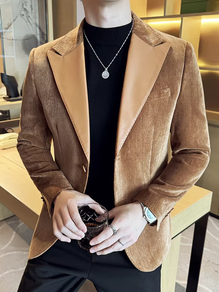 Áo khoác len chắp vá bằng da dành cho nam, phong cách thu đông mới, thời trang cao cấp, trang phục công sở thông thường, bộ đồ ôm vừa vặn