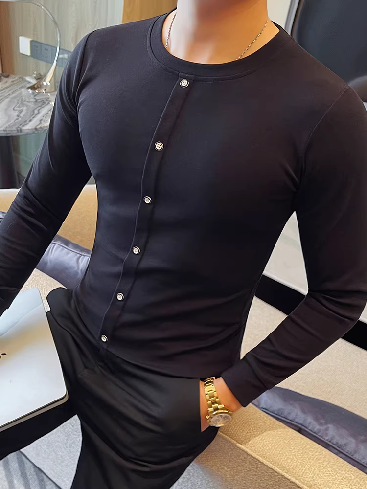 Áo thun dài tay cổ tròn thiết kế giả khuy dành cho nam, thời trang thu đông mới hợp thời trang áo sơ mi cơ bản chất lượng cao vừa vặn