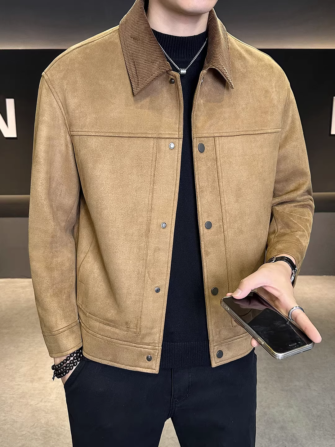 Áo khoác da lộn dày dặn may chần bông dành cho nam, kiểu dáng mới thu đông 2025, dáng ngắn, cổ ngắn, đa năng và chất lượng cao.