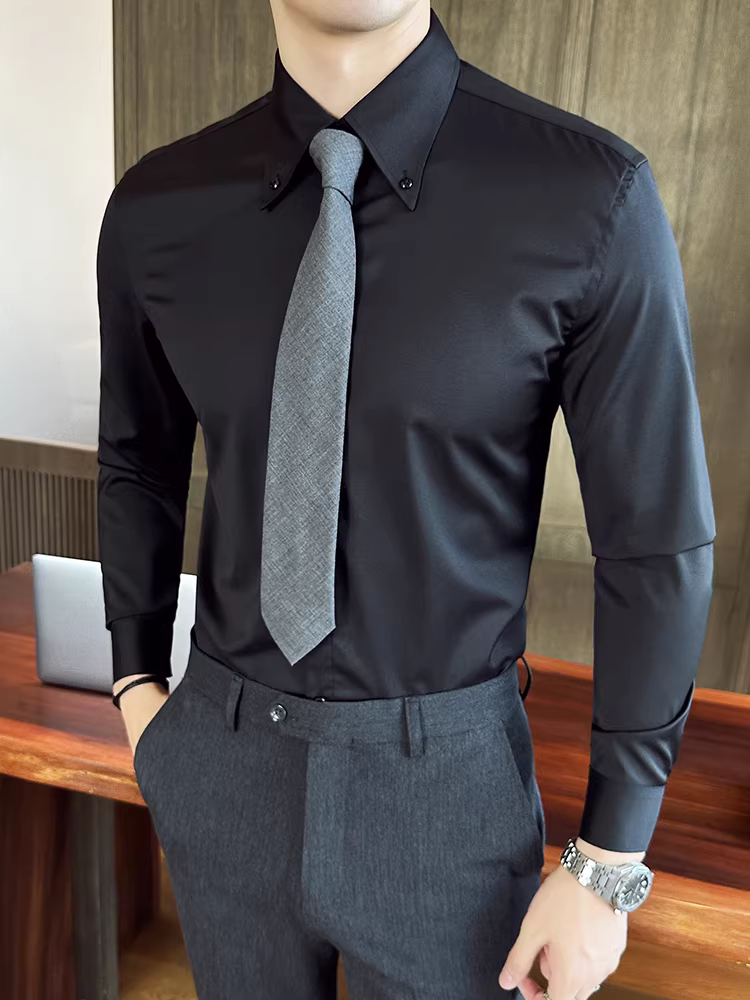 Áo sơ mi nam kiểu Pháp, cổ nhọn lớn, tay dài, kiểu dáng công sở lịch lãm, phong cách Anh quốc cao cấp, mẫu mới xuân thu 2025