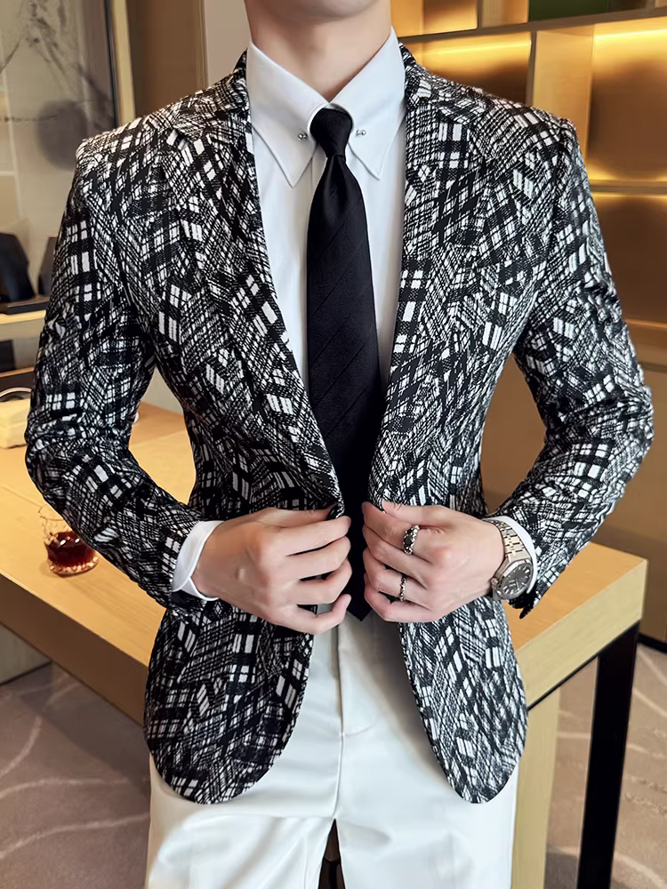 Áo blazer kẻ rằn ri nam 2024, kiểu dáng công sở lịch lãm, đa năng, thời thượng, ôm dáng, đơn hàng nút, phong cách hiện đại