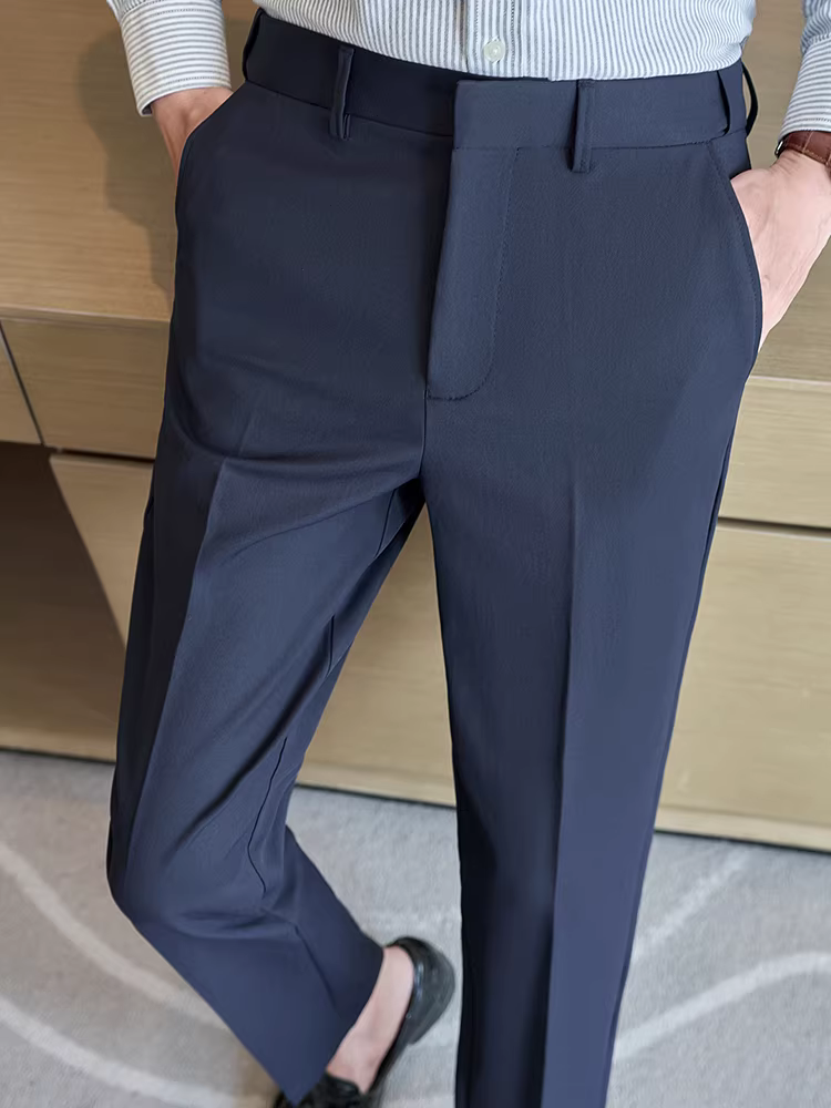 Quần âu nam chất liệu thun co giãn không lộ, kiểu dáng xuông, dễ chăm sóc, ôm dáng, dài, mới năm 2025.