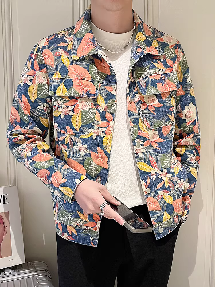 Áo khoác denim nam xuân 2025 kiểu dáng cao cấp mới, cổ điển, ôm dáng, ngắn, họa tiết hoa, dành cho giới trẻ