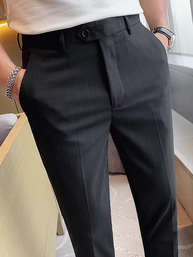 Quần âu nam kẻ sọc dày dặn lót lông mùa đông 2024 kiểu dáng mới đa năng ôm dáng côn