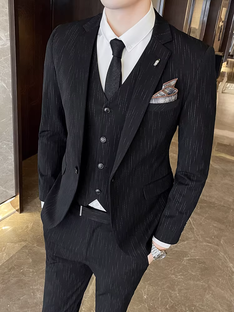 Bộ vest kẻ sọc nam, phong cách công sở lịch lãm, kiểu Anh, ôm dáng, đa năng, vest cưới chú rể đẹp trai, bộ ba món
