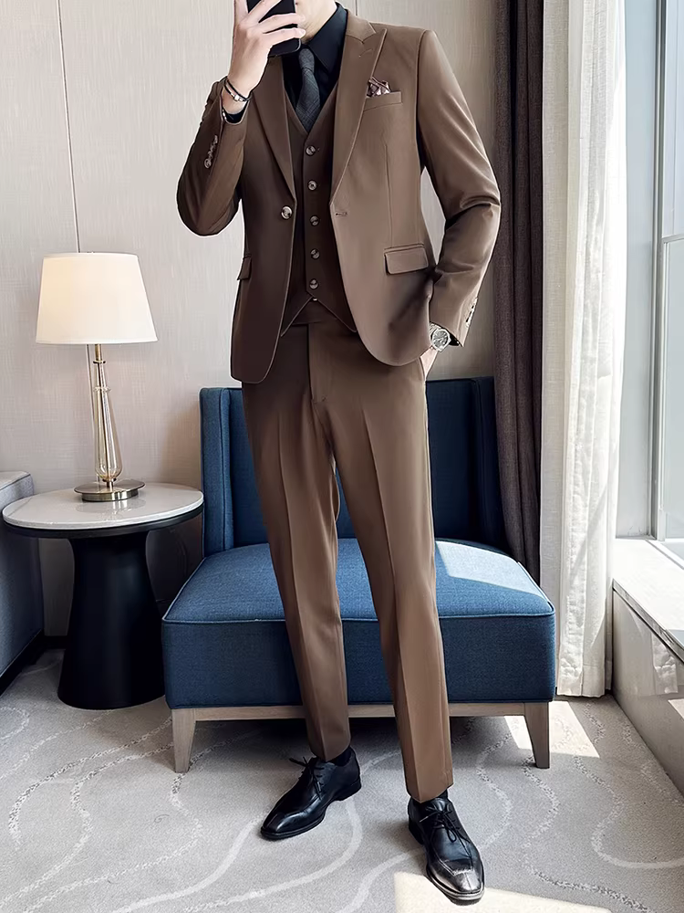 Bộ vest nam cao cấp một cúc, trang phục công sở lịch lãm, vest cưới cao cấp ba mảnh cho chú rể