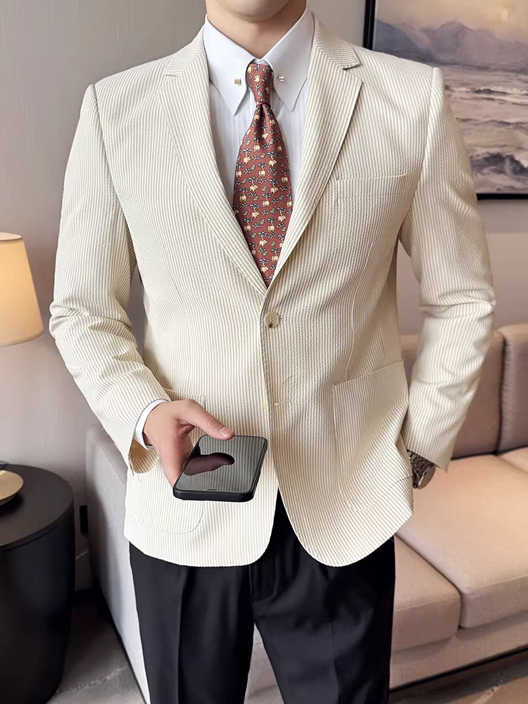Áo blazer kẻ sọc seersucker dành cho nam, chất liệu nhẹ, thích hợp cho mùa xuân và mùa hè, phong cách công sở lịch sự, đa năng, thời trang, kiểu dáng ôm sát, phong cách Anh quốc.