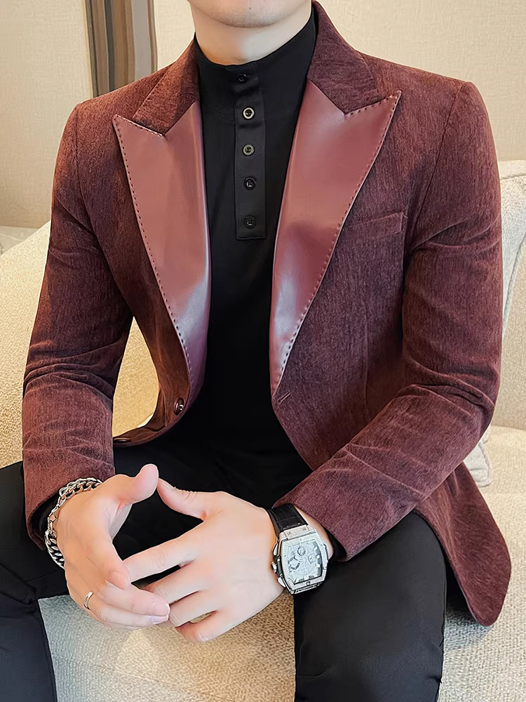 Áo blazer nam phối da, kiểu mới thu đông 2024, phong cách công sở lịch lãm, đa năng, dáng ôm, chất liệu cao cấp
