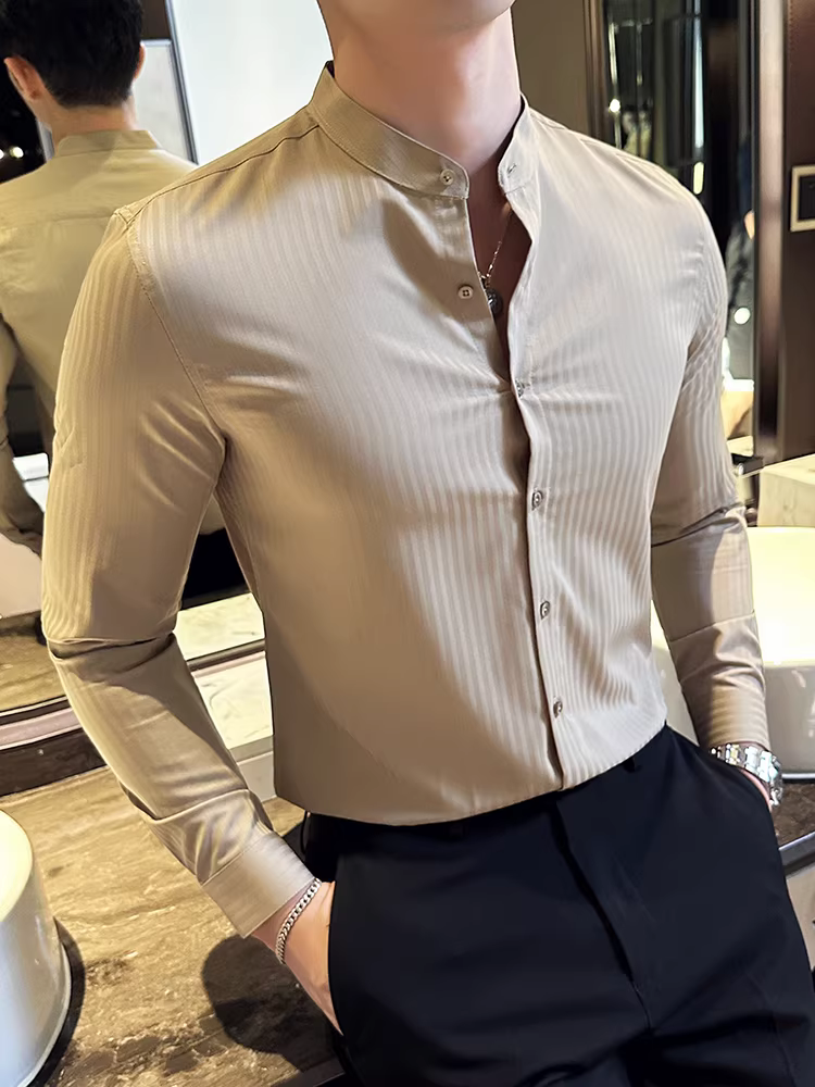 Áo sơ mi nam cổ đứng sọc tối màu, dài tay, phong cách công sở giản dị, đa năng, thời trang, ôm dáng, phong cách Anh, áo cổ tròn cao cấp