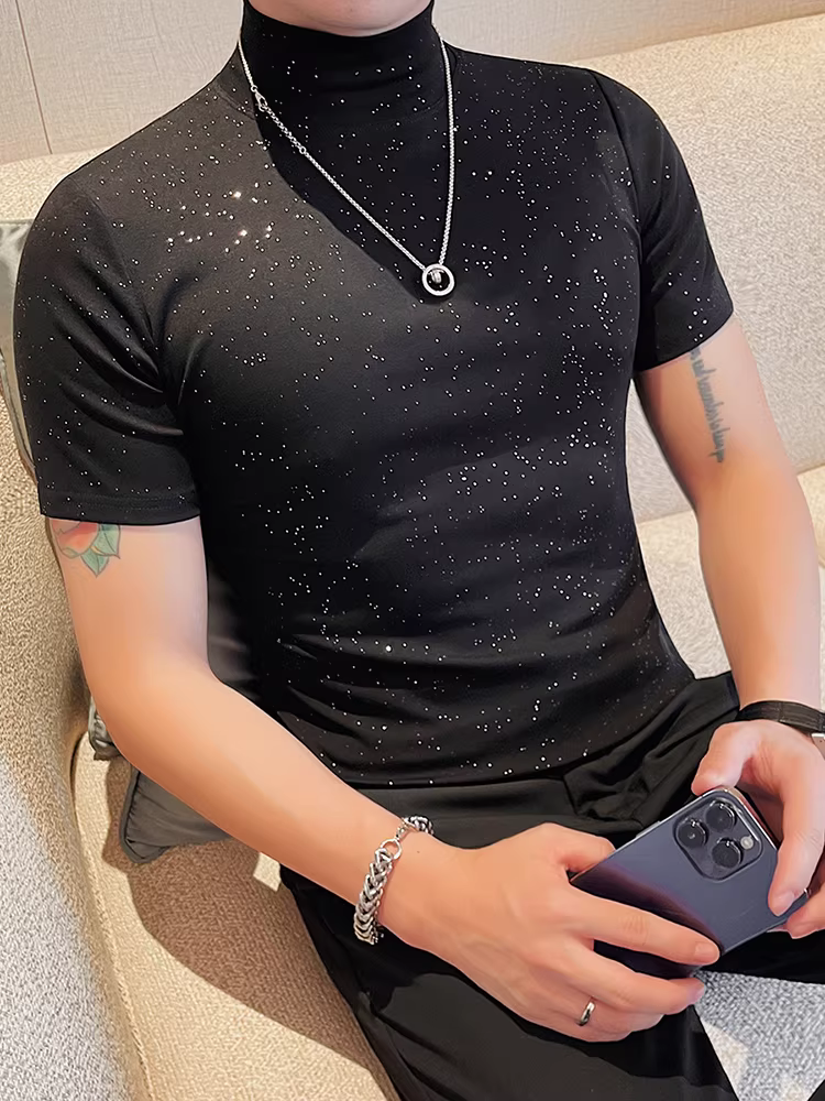 Áo sơ mi nam ngắn tay cổ cao nửa cổ màu bột Gypsophila, áo thun dài tay co giãn ôm sát thời trang cao cấp mùa xuân hè