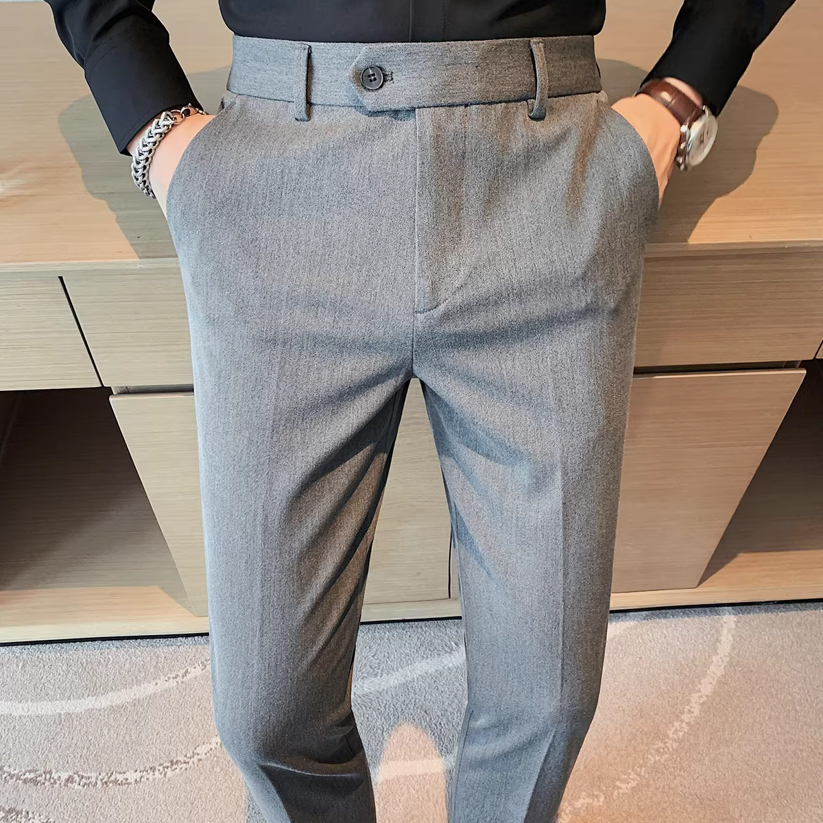 Quần âu nam, kiểu dáng xuân thu mới, quần tây công sở thêu cao cấp thời trang, quần ống côn ôm dáng hợp xu hướng