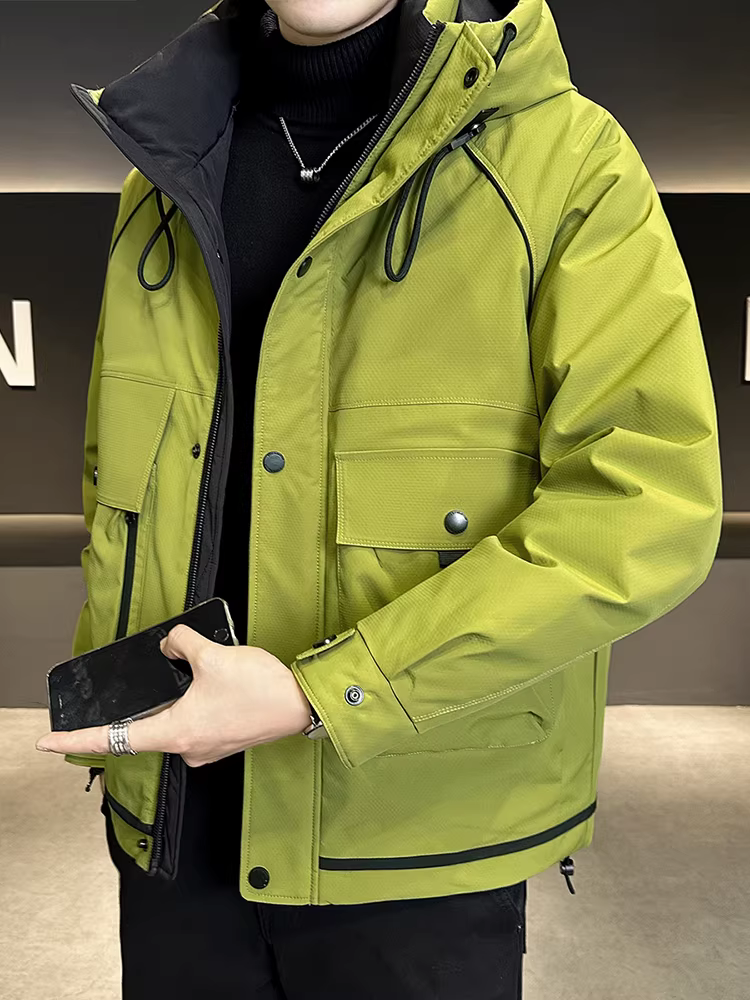 Áo khoác có mũ trùm đầu dành cho nam, kiểu dáng ngắn, thời trang mới mùa đông 2024, cao cấp, hợp thời trang, dày dặn, ấm áp, áo khoác gió.