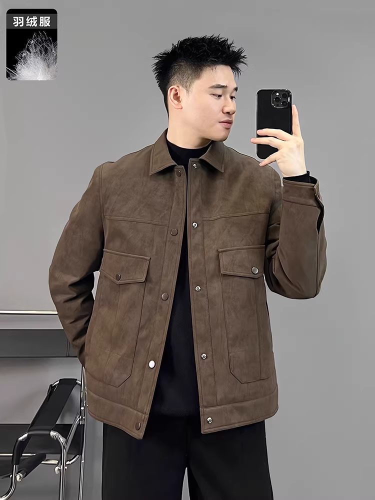 Áo khoác da có ve áo dành cho nam, mùa đông 2025, kiểu dáng mới thời thượng, ôm dáng, ngắn, giản dị, ấm áp và chống lạnh
