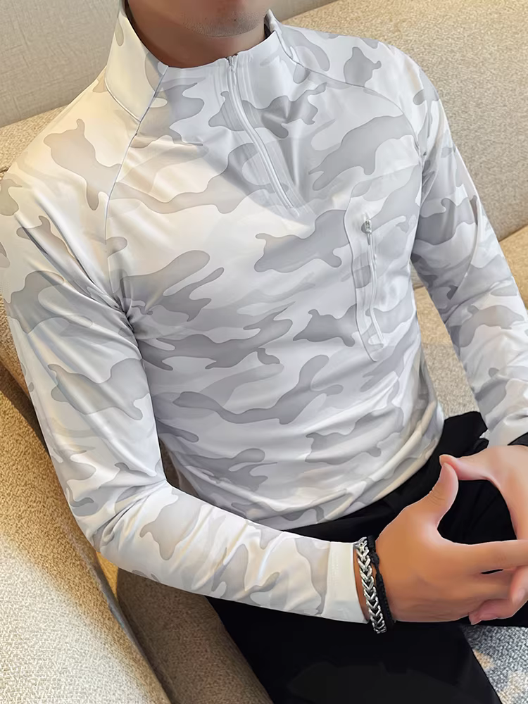 Áo thun nam cổ đứng nửa cao khóa kéo chất liệu da cá mập, tay dài, kiểu mới thu đông 2025, ôm body co giãn cao, kiểu áo trơn màu rằn ri.