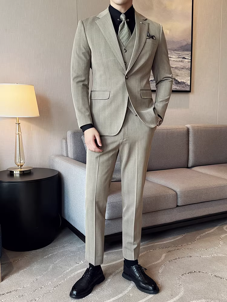 Bộ vest kẻ ca rô cao cấp dành cho nam, thời trang, ôm dáng, lịch lãm, phù hợp với trang phục công sở, bộ ba món dễ chăm sóc