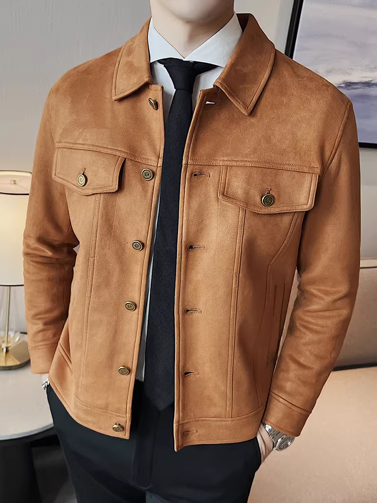 Áo khoác da lộn nam, thu đông, dày dặn, thời trang, hợp xu hướng, cao cấp, ôm dáng, ve áo sắc nét, kiểu ngắn