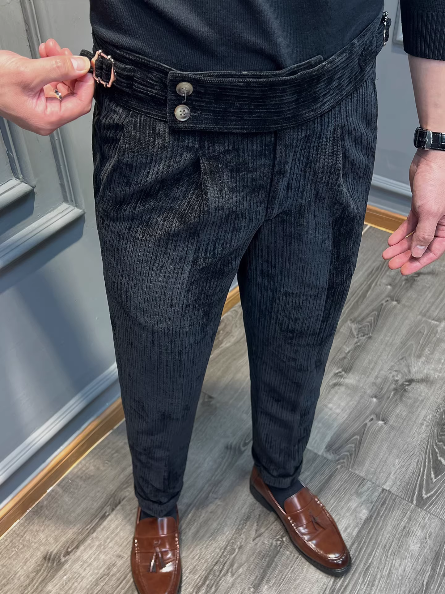 Quần âu nam chất liệu nhung dày kiểu Naples, mùa thu đông, phong cách thường ngày, công sở, đa năng, ôm dáng, cạp cao.