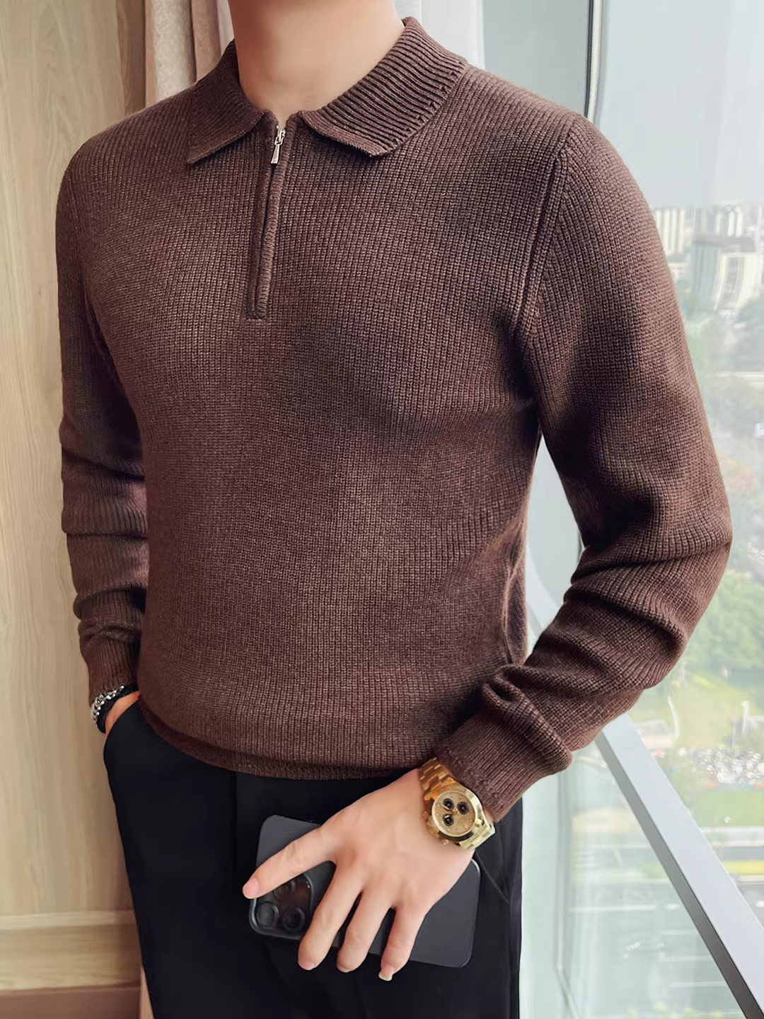 Áo len dày có cổ nửa khóa kéo dành cho nam, tay dài, kiểu dáng thời trang thu đông mới, kiểu dáng đa năng, áo len dệt kim cơ bản.