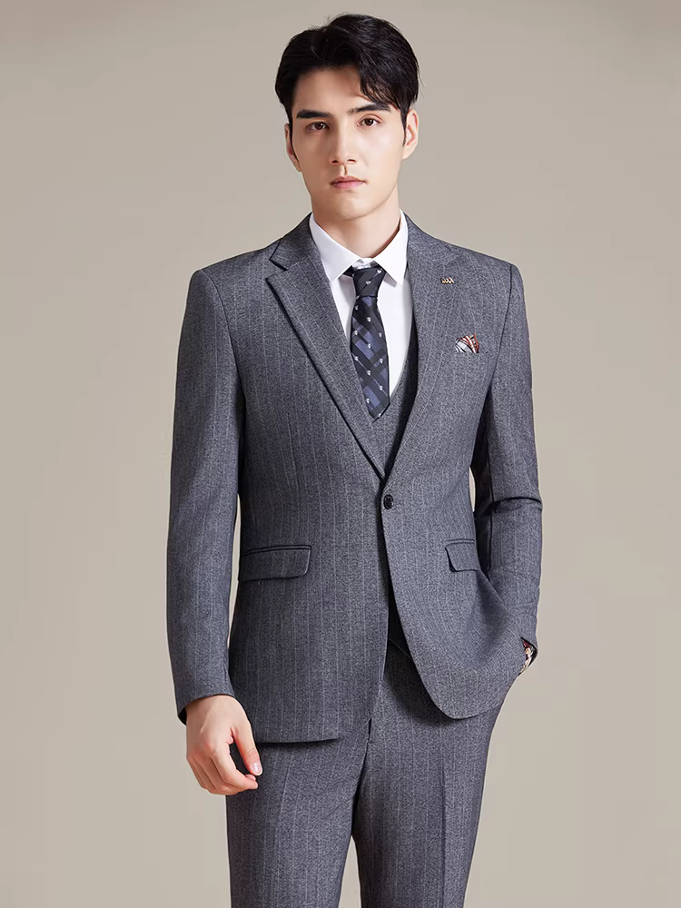 Bộ vest nam kẻ sọc tối màu một nút, kiểu Hàn Quốc, ôm dáng, lịch lãm, cao cấp, dành cho công việc, dạ hội, trang trọng, bộ ba món