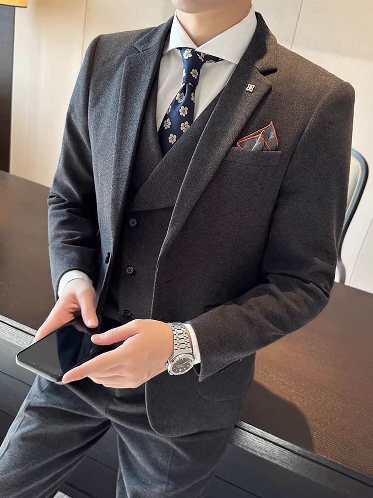 Bộ vest len mùa đông dành cho nam, trang phục lịch sự cao cấp, phong cách công sở lịch lãm, kiểu dáng thời trang, ôm dáng, vest cưới dày dặn cho chú rể