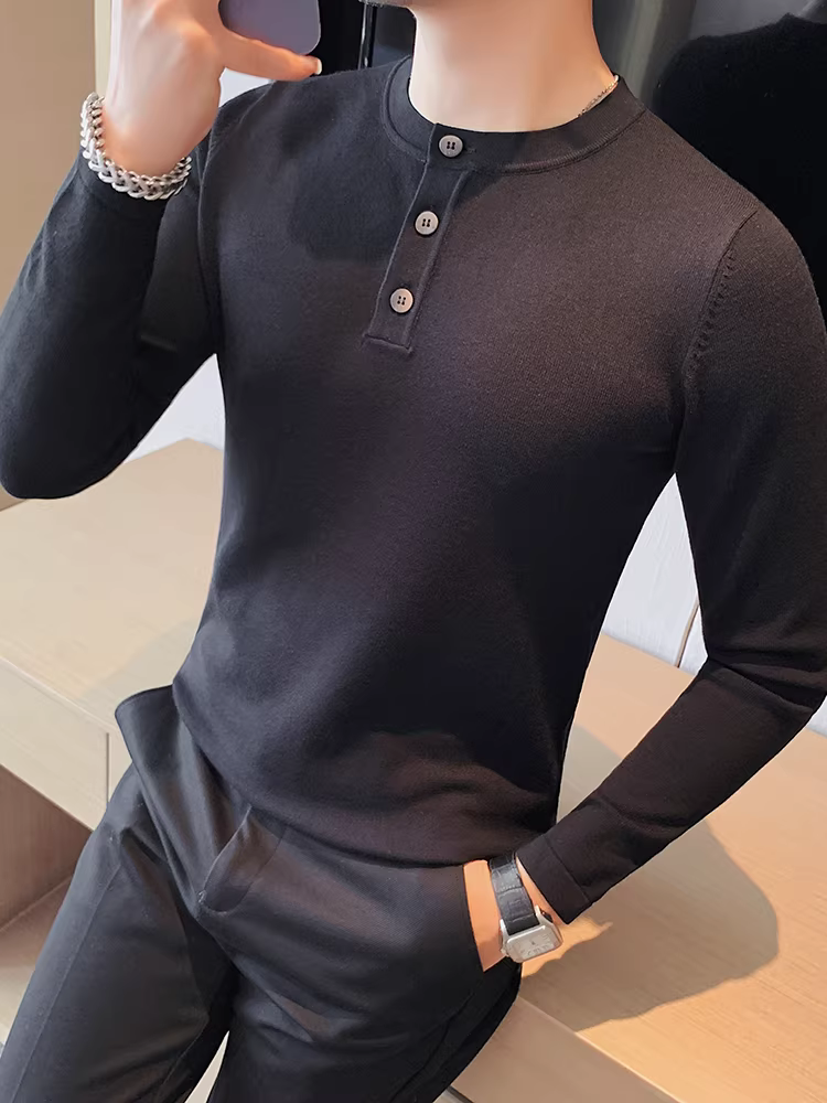 Áo polo dệt kim nam, tay dài, kiểu mới thu đông 2024, cao cấp, lịch lãm, ôm dáng, cổ tròn, áo lót.