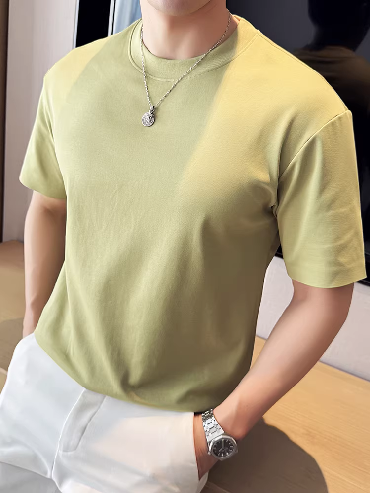 Áo thun nam chất lượng cao, chất liệu cotton mềm mại, in hình hai mặt, không đường may, màu trơn, cổ tròn, dáng hơi rộng, thích hợp cho mùa hè.