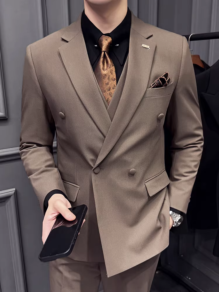 Bộ vest nam hai hàng khuy, chất lượng cao, mềm mại và bay bổng, kiểu dáng ôm sát, trang phục công sở lịch sự, vest cưới, bộ ba món