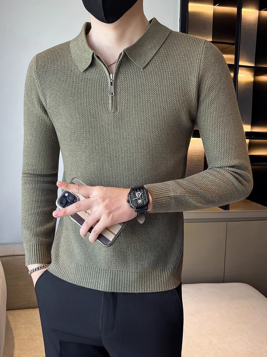 Áo len nam nửa khóa kéo, cổ trụ, màu trơn, tay dài, kiểu dáng cao cấp, đa năng và thời trang, chất liệu dệt kim, thích hợp cho mùa thu đông.