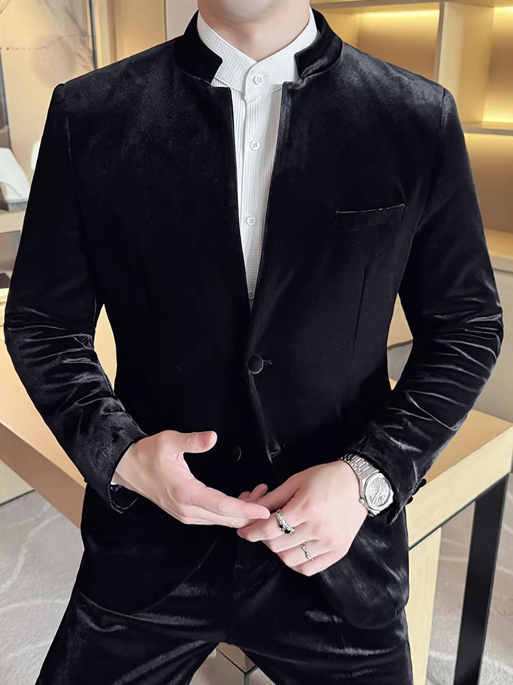 Bộ vest nhung cổ đứng kiểu Trung Quốc mới dành cho nam, dày dặn và ấm áp mùa thu đông, phong cách công sở giản dị, bộ vest ôm dáng cao cấp.