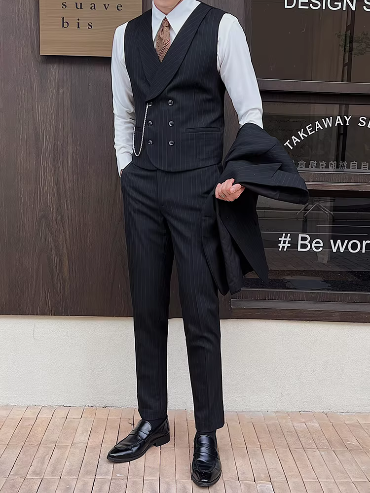 Áo vest sọc đôi ngực kiểu Anh dành cho nam, phong cách xuân thu mới, trang phục công sở lịch sự cao cấp, vest phù rể