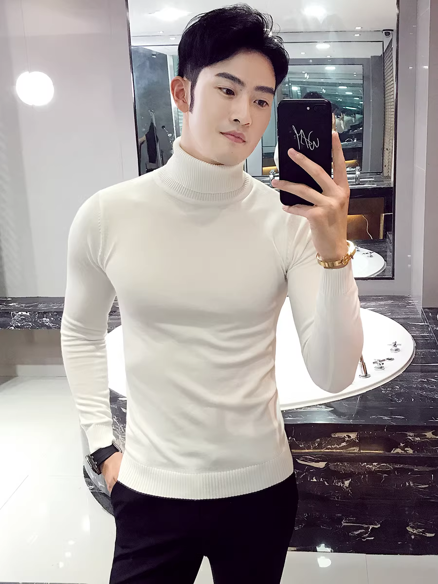 Áo len nam cổ nửa cao, áo len ngắn tay lót lông cừu mùa thu đông, áo len nam cổ trung bình ôm sát, áo thun, áo lót ôm sát.