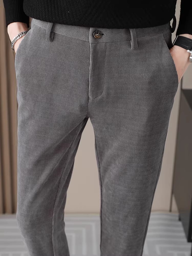 Quần âu nam chất liệu corduroy, thời trang thu đông, kiểu dáng ôm vừa vặn, quần âu kiểu Hàn Quốc cao cấp, lịch lãm.
