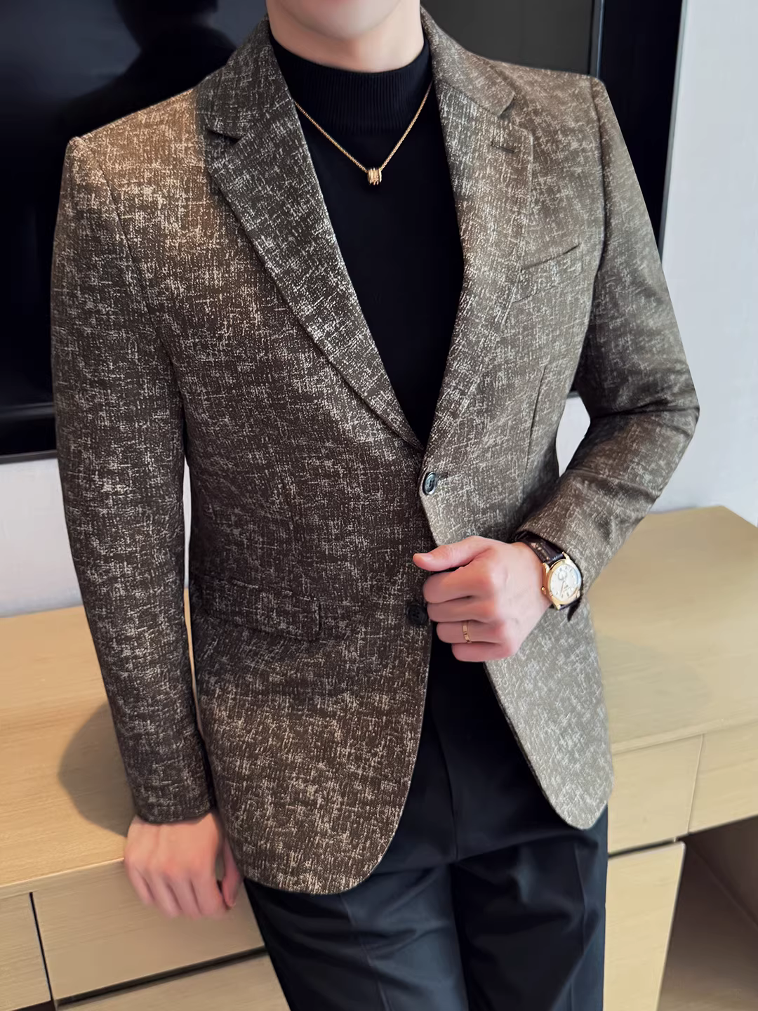 Bộ vest nam kiểu Hàn Quốc, dáng ôm, chất liệu jacquard thời trang