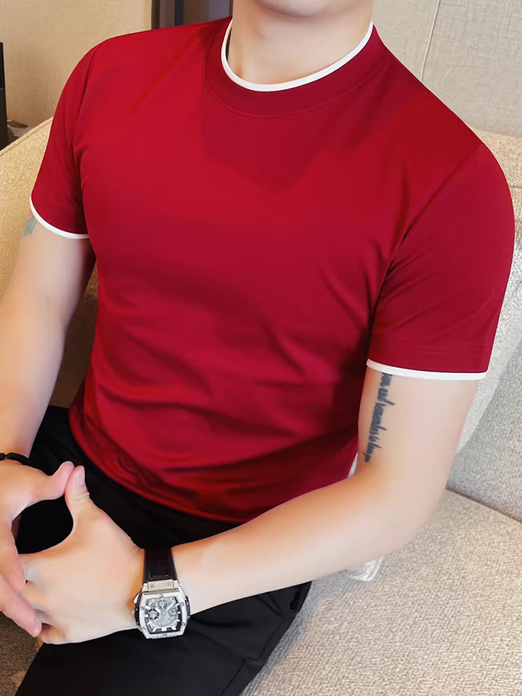 Áo thun nam ngắn tay giả hai mảnh có cổ phối màu, kiểu dáng mỏng mùa hè, thời trang, hợp thời trang, độc đáo, ôm dáng, áo đa năng.
