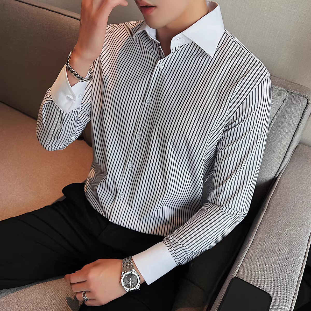 Áo sơ mi nam cổ nhọn kiểu Pháp, tay dài, cao cấp, phối màu sọc, kiểu dáng lịch sự, không cần là ủi, phong cách Anh quốc