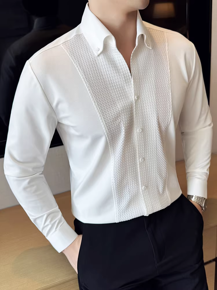 Áo sơ mi nam cao cấp kiểu Pháp phối vải, cổ V, tay dài, dáng ôm, phong cách công sở lịch lãm, thích hợp cho khách sạn và công việc.