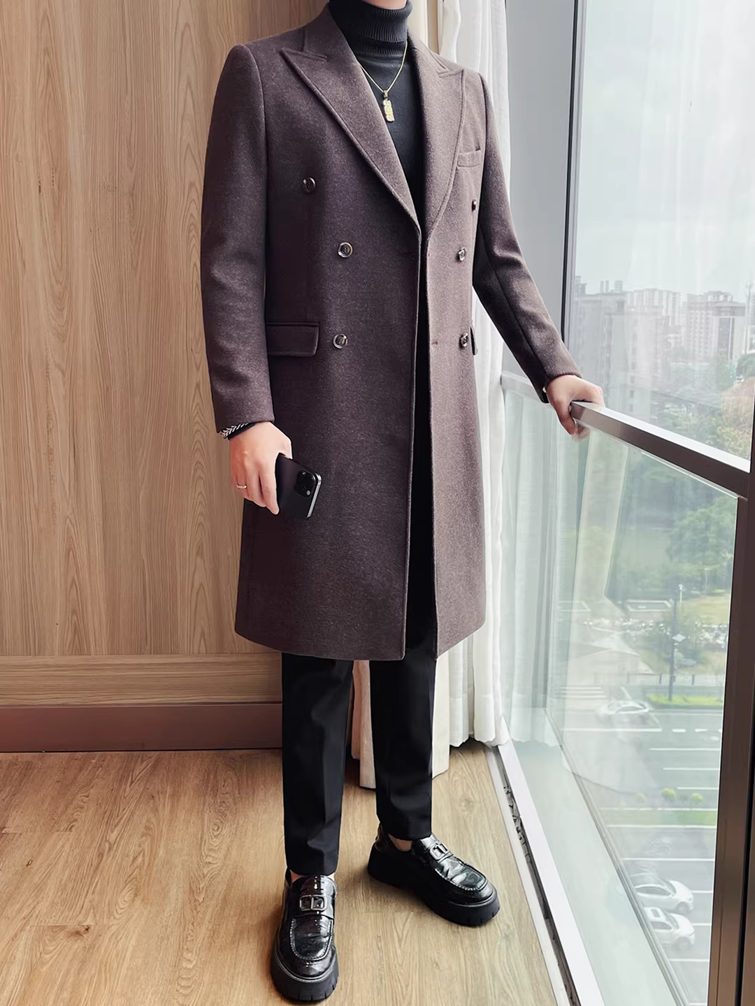 Áo khoác len nam dáng dài, hai hàng khuy, dày dặn cho mùa thu đông 2025, kiểu dáng mới chất lượng cao, đa năng.