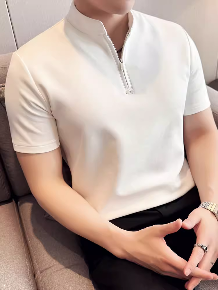 Áo Polo nam tay ngắn cổ đứng nửa khóa kéo mùa hè mới cao cấp trang trí đinh tán thời trang hợp xu hướng áo thun thường ngày