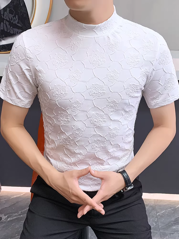 Áo thun nam cao cấp dệt kim cổ tròn tay ngắn, thời trang thu đông 2025, kiểu dáng ôm body, hợp xu hướng, mặc lót bên trong