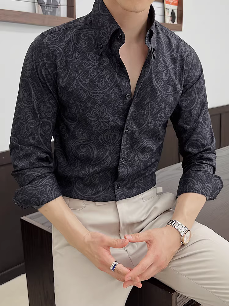 Áo sơ mi hoa đẹp trai cho nam, dài tay, phong cách mùa thu mới, thời trang và hợp thời trang, phong cách công sở giản dị, đa năng, áo sơ mi dáng rộng cho giới trẻ.