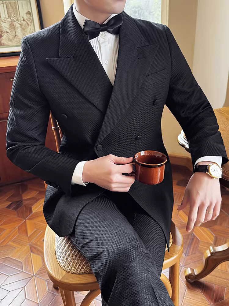Bộ vest nam hai hàng khuy, chất liệu vải waffle, kiểu dáng lịch sự, đa năng, thích hợp cho chú rể, đám cưới, công việc, tiệc chiêu đãi, bộ hai mảnh