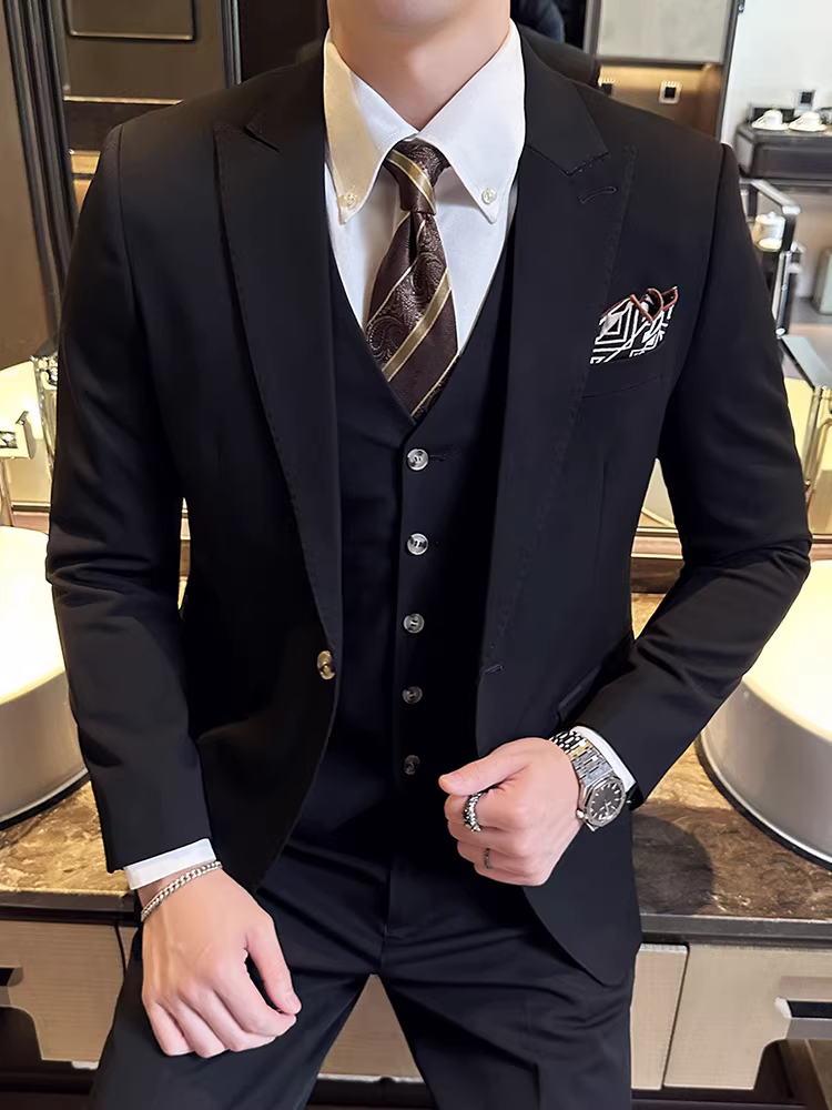Bộ vest nam cao cấp một cúc, trang phục công sở lịch lãm, vest cưới cao cấp ba mảnh cho chú rể