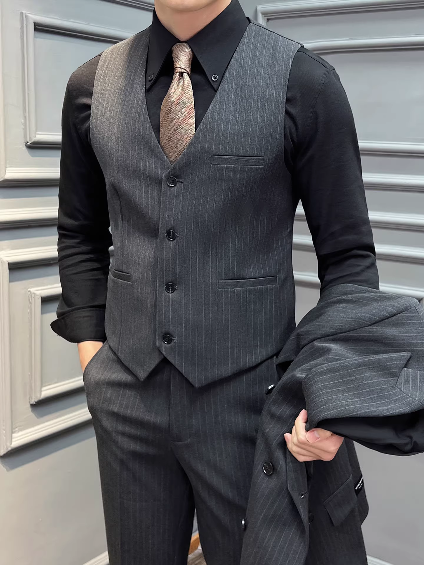 Bộ vest nam sọc, vest công sở cao cấp, phong cách Anh, bộ vest hai mảnh