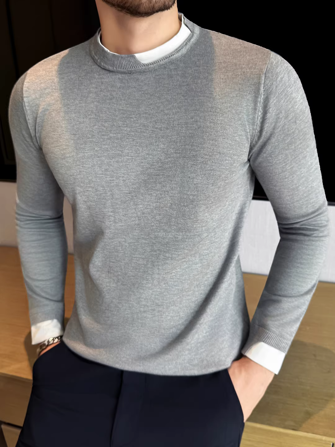 Áo len giả hai mảnh thiết kế phối màu dành cho nam, dài tay, thời trang thu đông mới, áo sơ mi dệt kim ôm sát hợp thời trang.