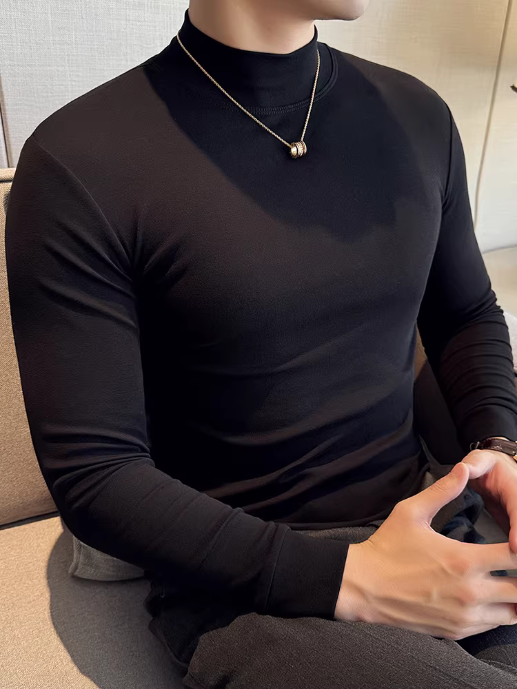 Áo sơ mi cotton nguyên chất cổ lọ dành cho nam, mùa thu đông, lót lông cừu, ôm vừa vặn, co giãn, cổ trung bình, áo thun dài tay, lớp trong thoải mái.