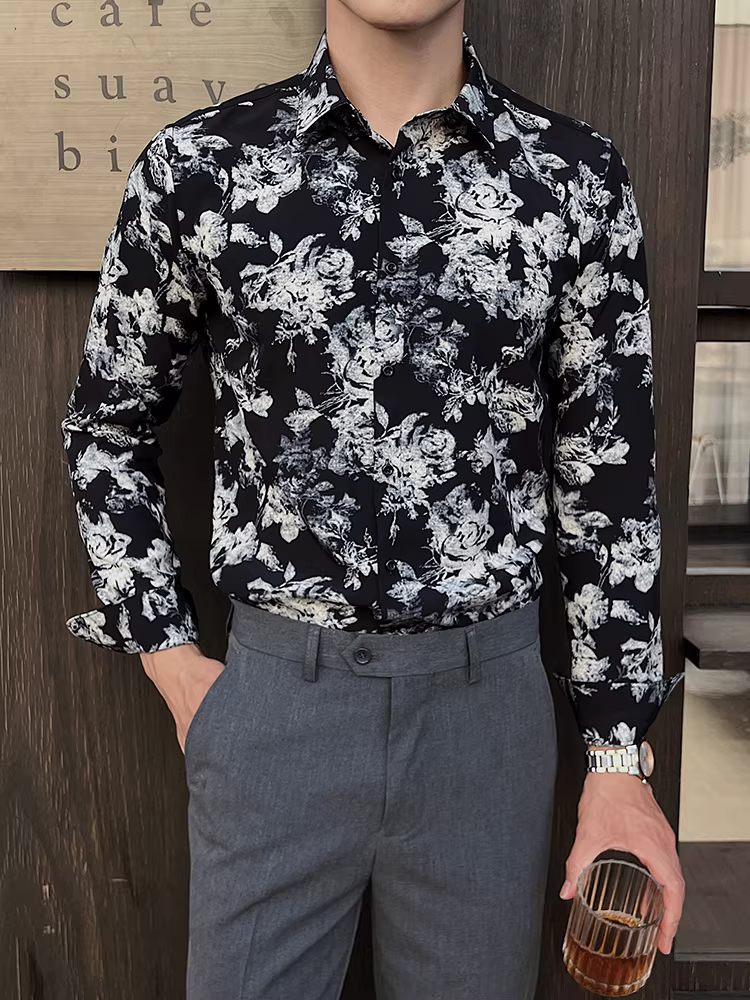 Áo sơ mi nam in hình đẹp, tay dài, kiểu mới xuân thu 2025, thời trang, ôm dáng, lịch lãm, phong cách công sở giản dị, áo dành cho nhà tạo mẫu tóc