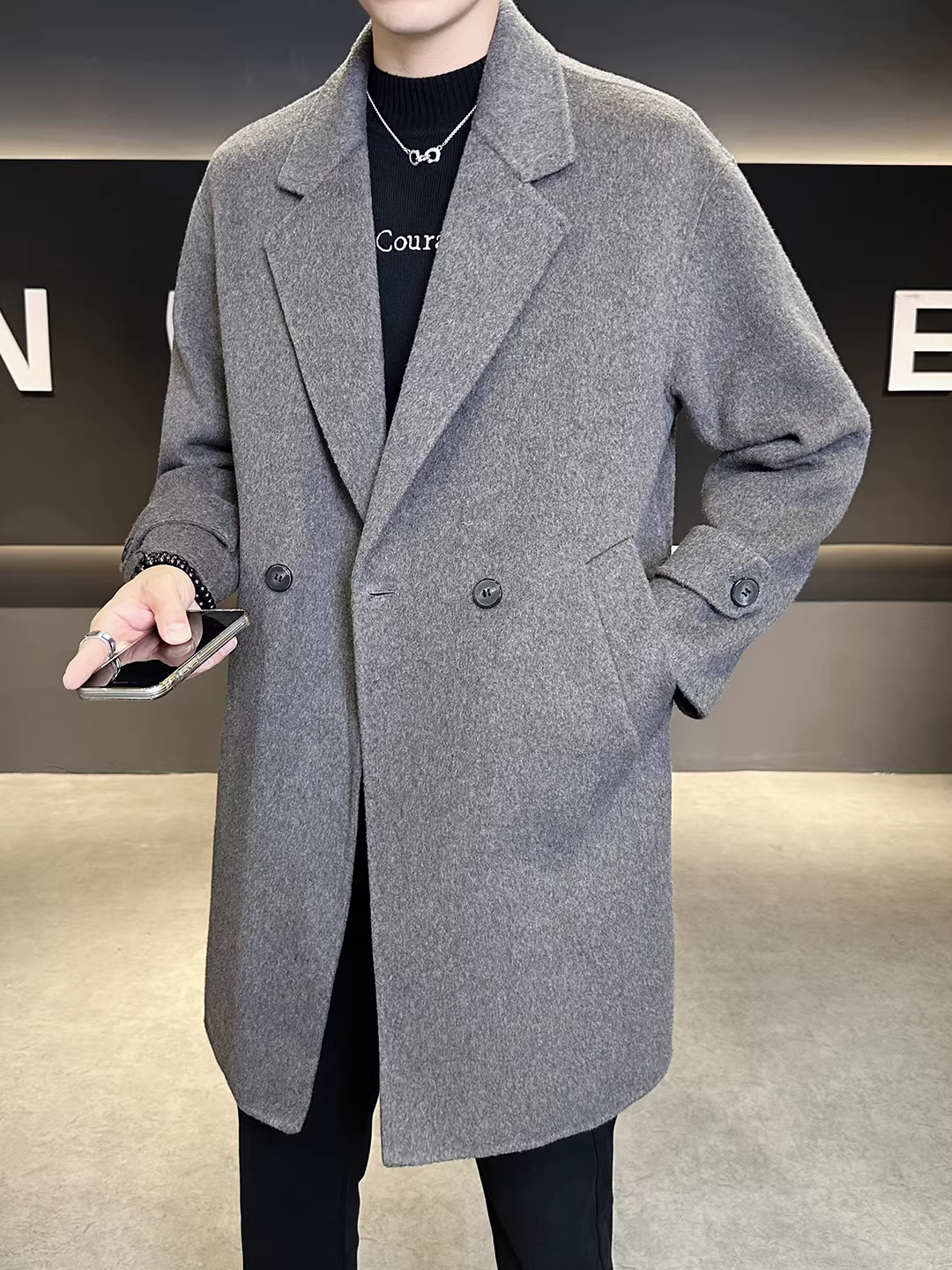 Áo khoác len cashmere hai lớp dành cho nam, dài trung bình, kiểu mới thu đông 2025, kiểu dáng sang trọng nhẹ nhàng, cao cấp.