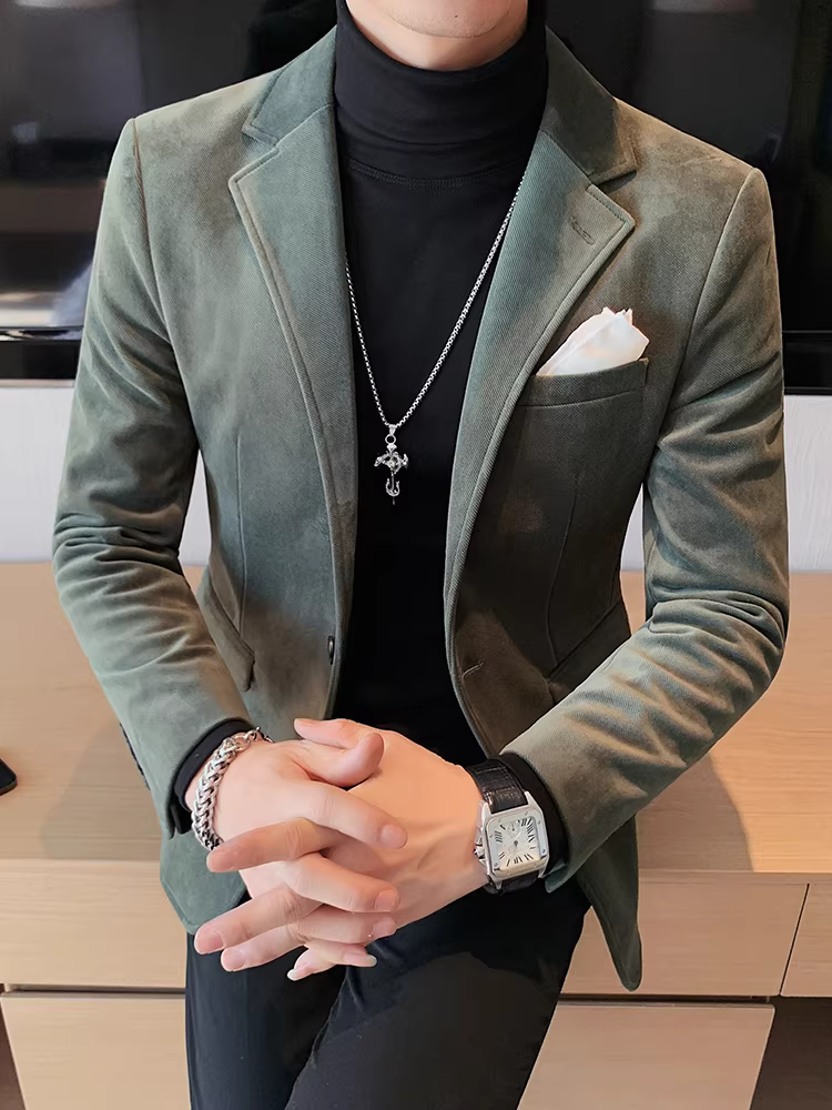 Áo khoác len nam, mùa thu đông, dày dặn, phong cách Anh cao cấp, chất liệu nhung đẹp, kiểu dáng đơn hàng nút, ôm dáng, lịch sự, phù hợp với công việc.