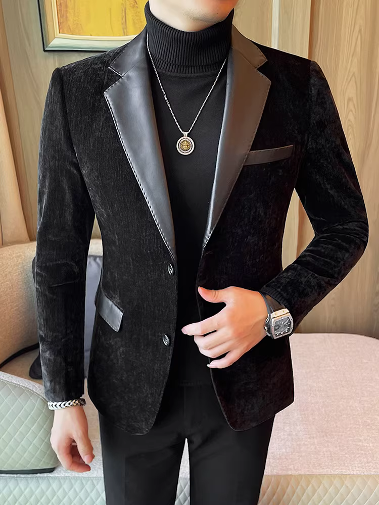 Áo khoác vest nam phối da, thời trang thu đông 2025, kiểu dáng ôm body, lịch lãm, chất lượng cao, phong cách công sở lịch sự.