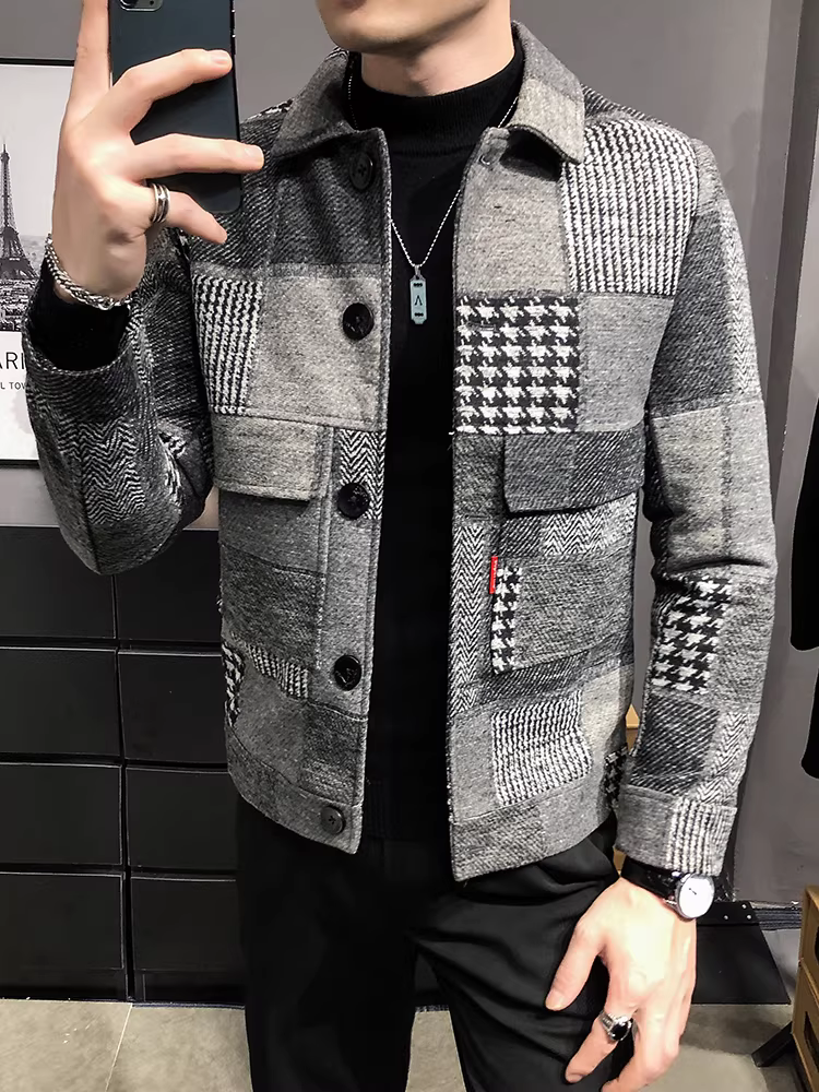Áo khoác len nam mùa thu đông, phong cách Anh quốc cao cấp, cổ áo thời trang, dáng ôm, áo khoác len ngắn nam